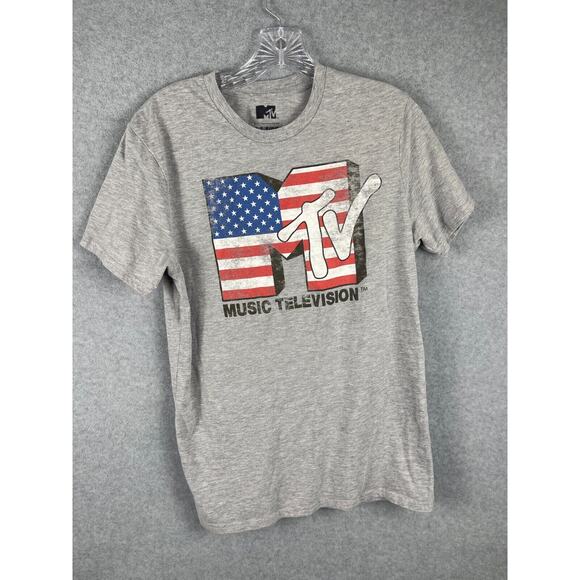 MTV Music Television T Shirt Mens M Gray Retor 80s American Flag Logo Tee‎ - Picture 1 of 7